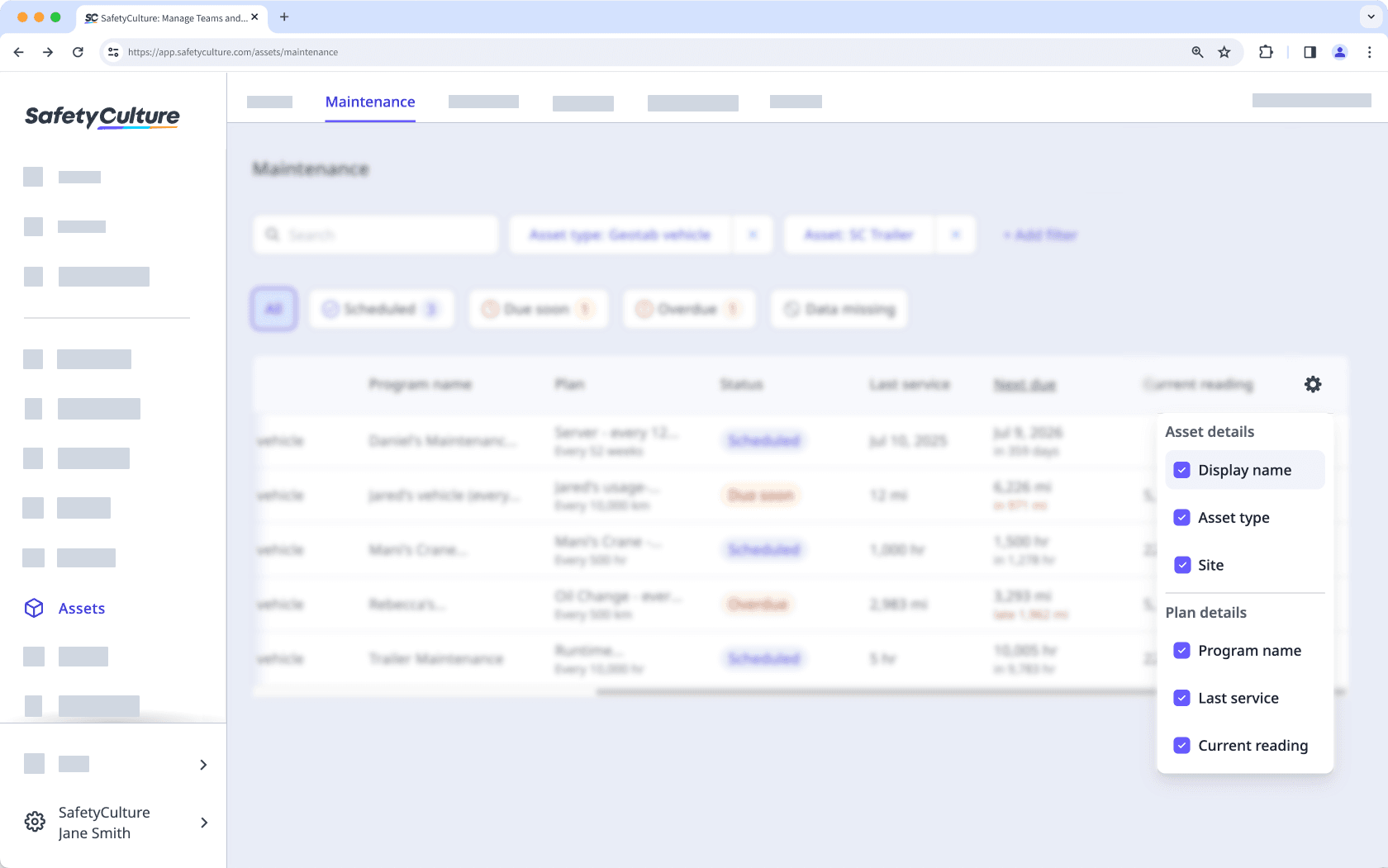 View more asset details in the maintenance table via the web app.