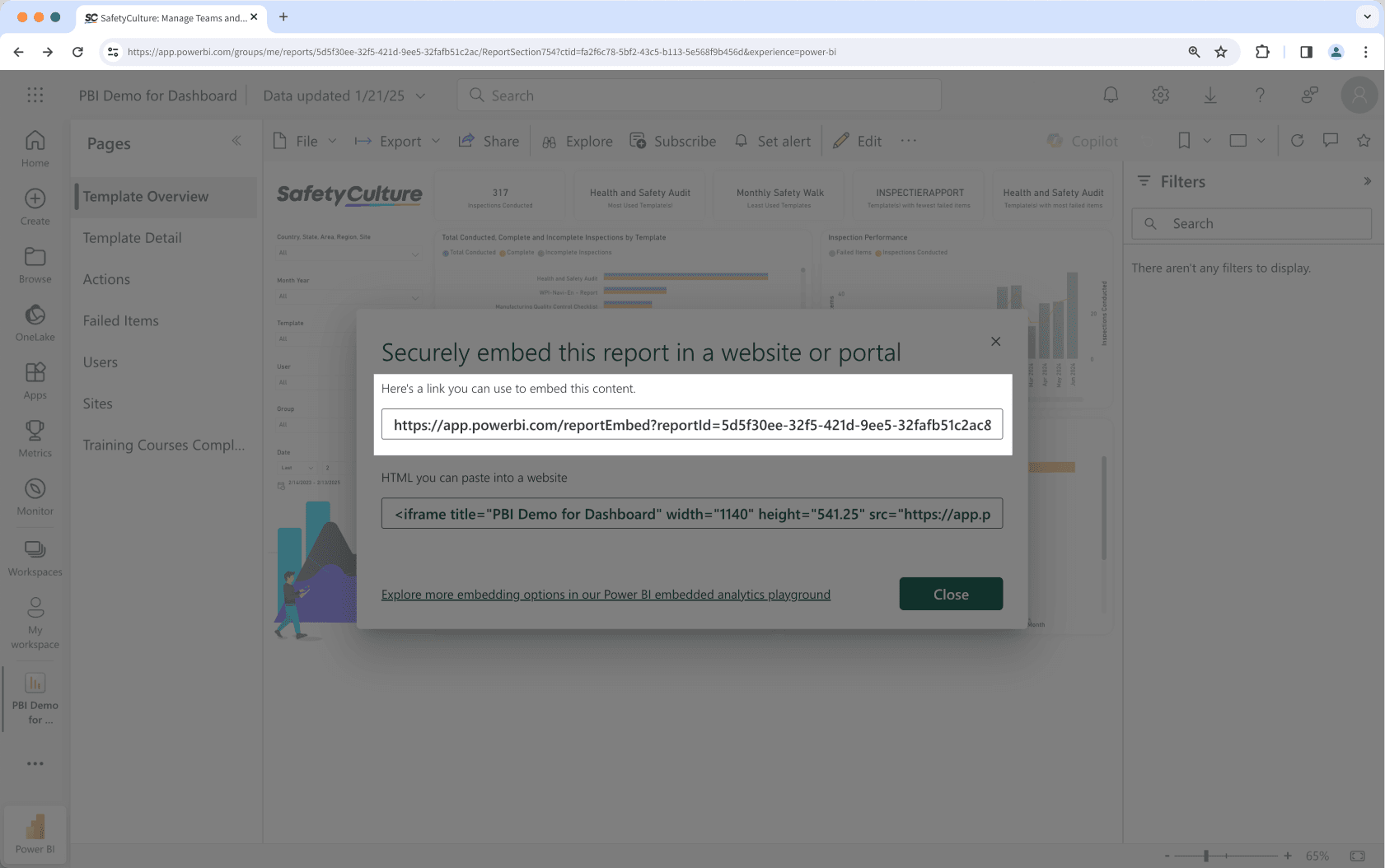 Copy the private embed HTML code in Microsoft Power BI.