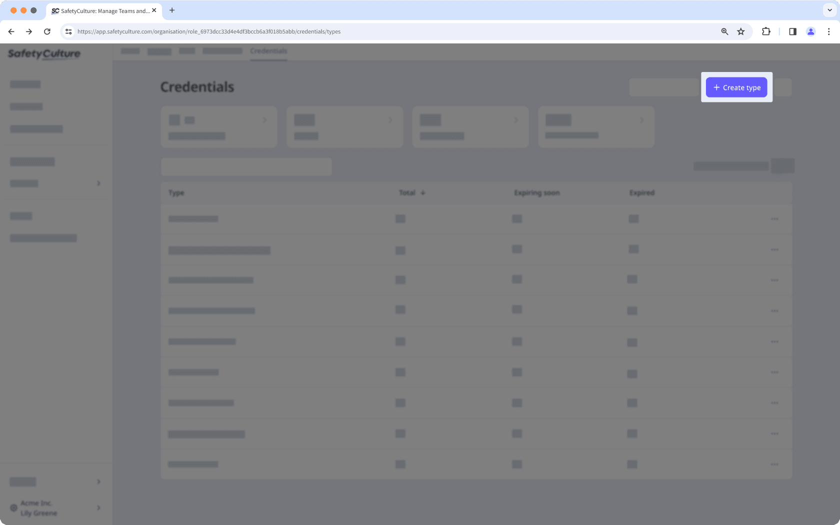 The credentials page showing the "Create type" button.