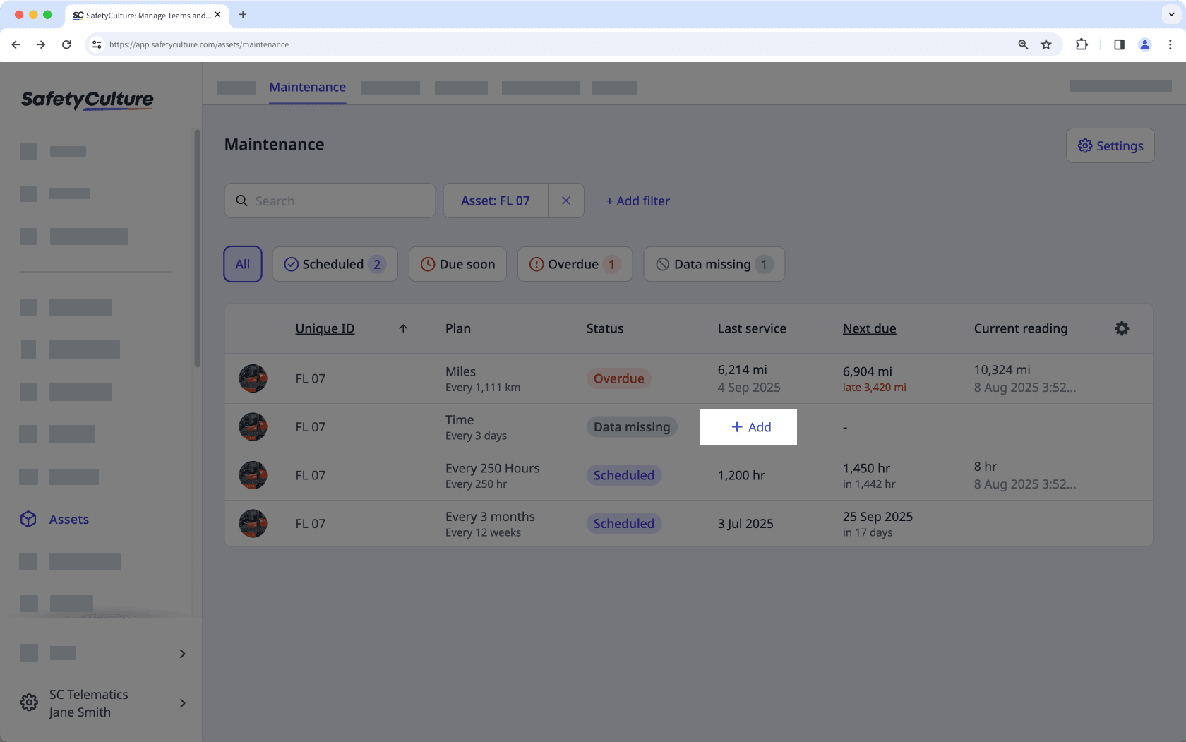 Add an asset's last service details via the web app.