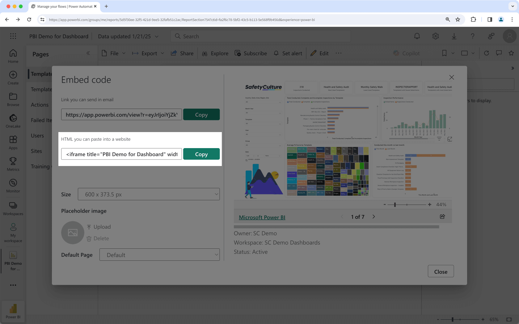 Copy the public embed HTML code in Microsoft Power BI.