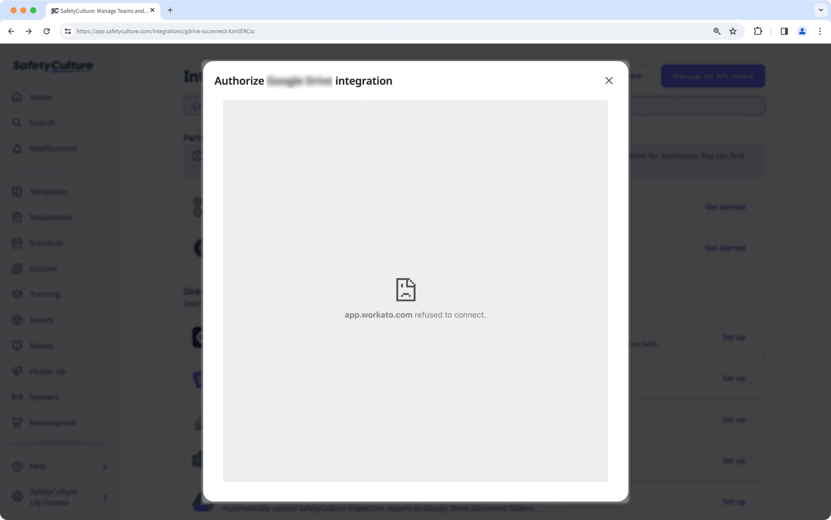 Example of a connection error when installing an integration via the web app.