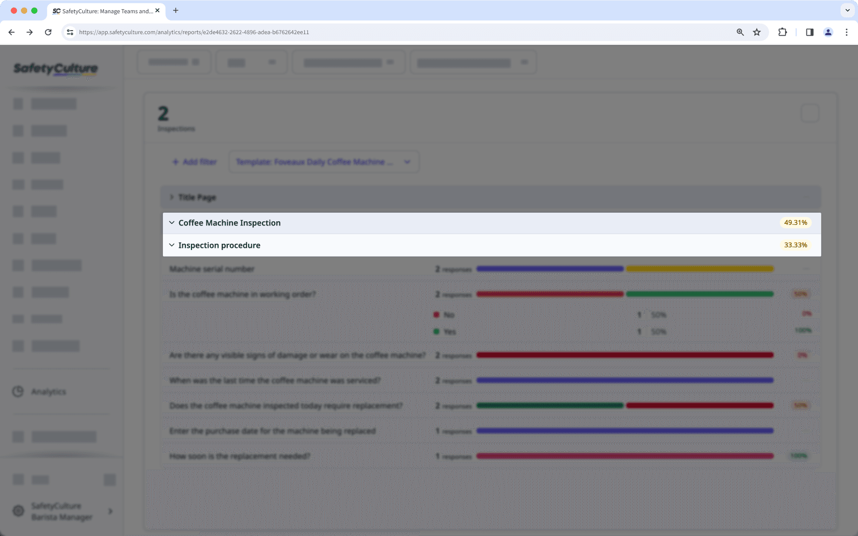 View the average page and section scores for your inspections with the Responses table chart type via the web app,