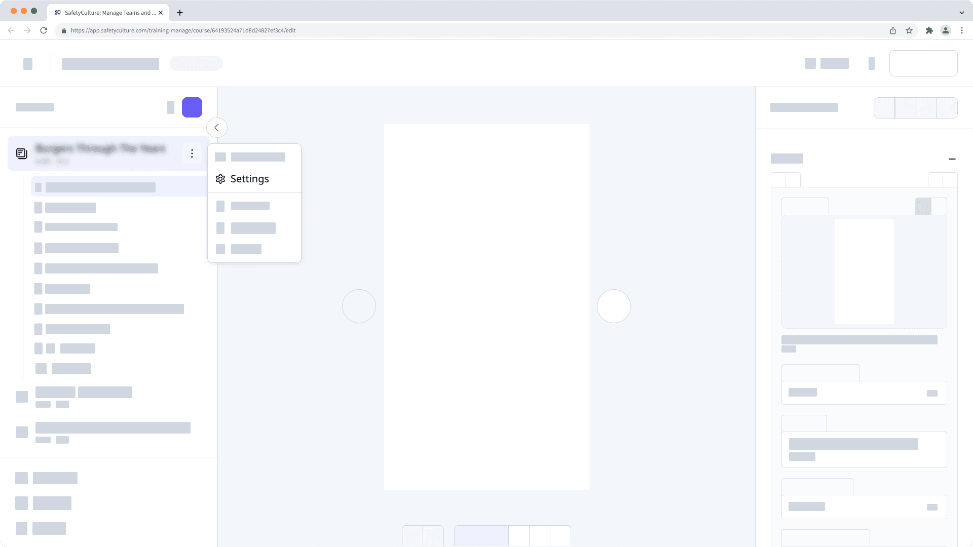 The Settings button for standard lessons in training courses on the web app.