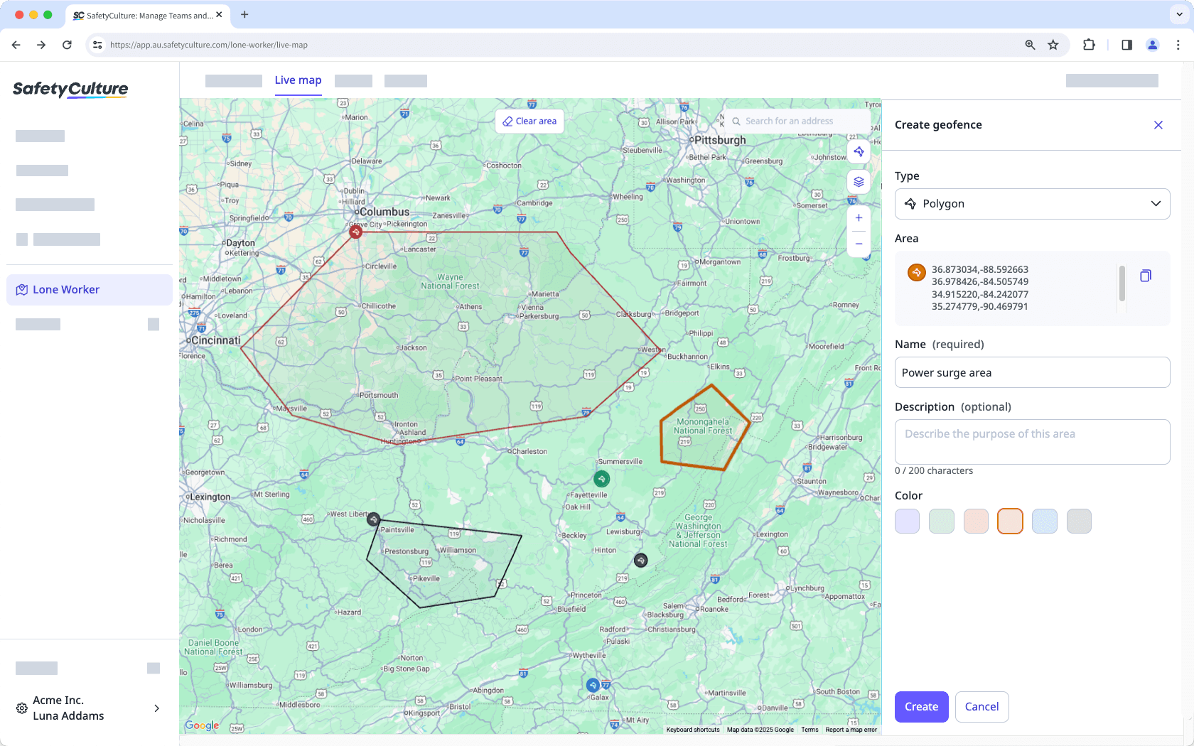 Create a polygon geofence for the lone worker feature via the web app.