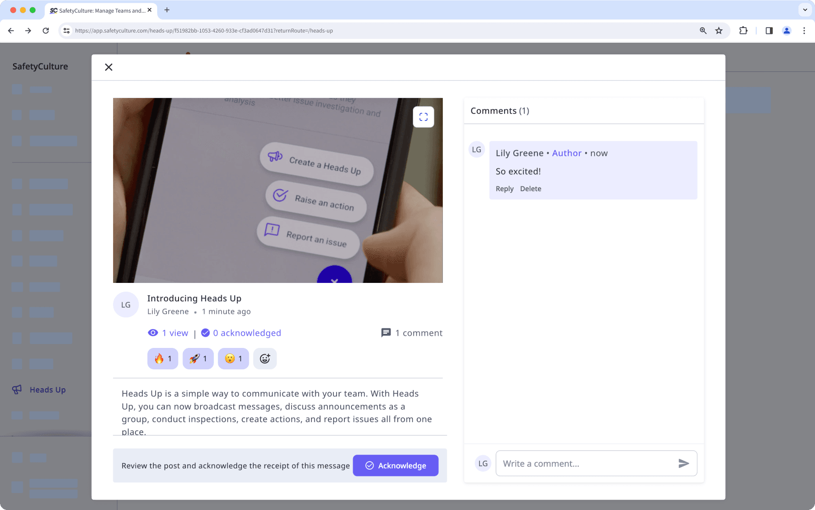 Acknowledge a Heads Up via the web app.