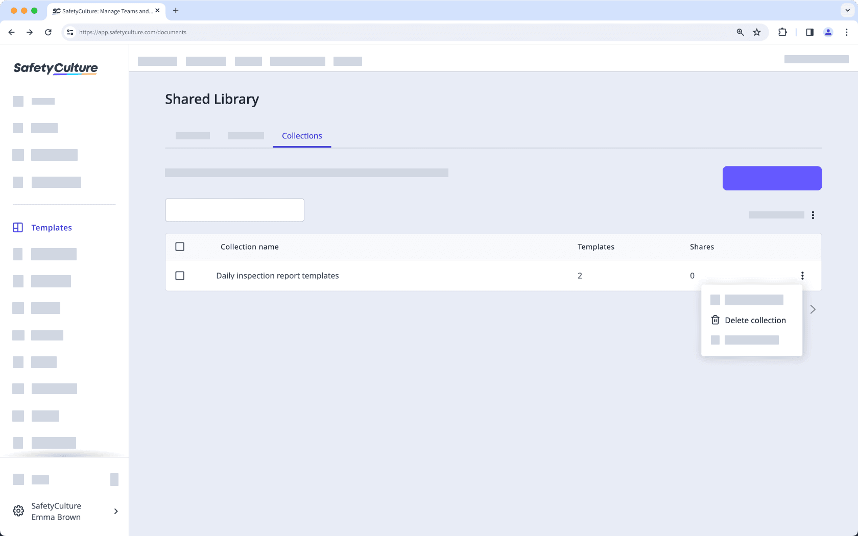 Delete a Shared Library template collection via the web app.