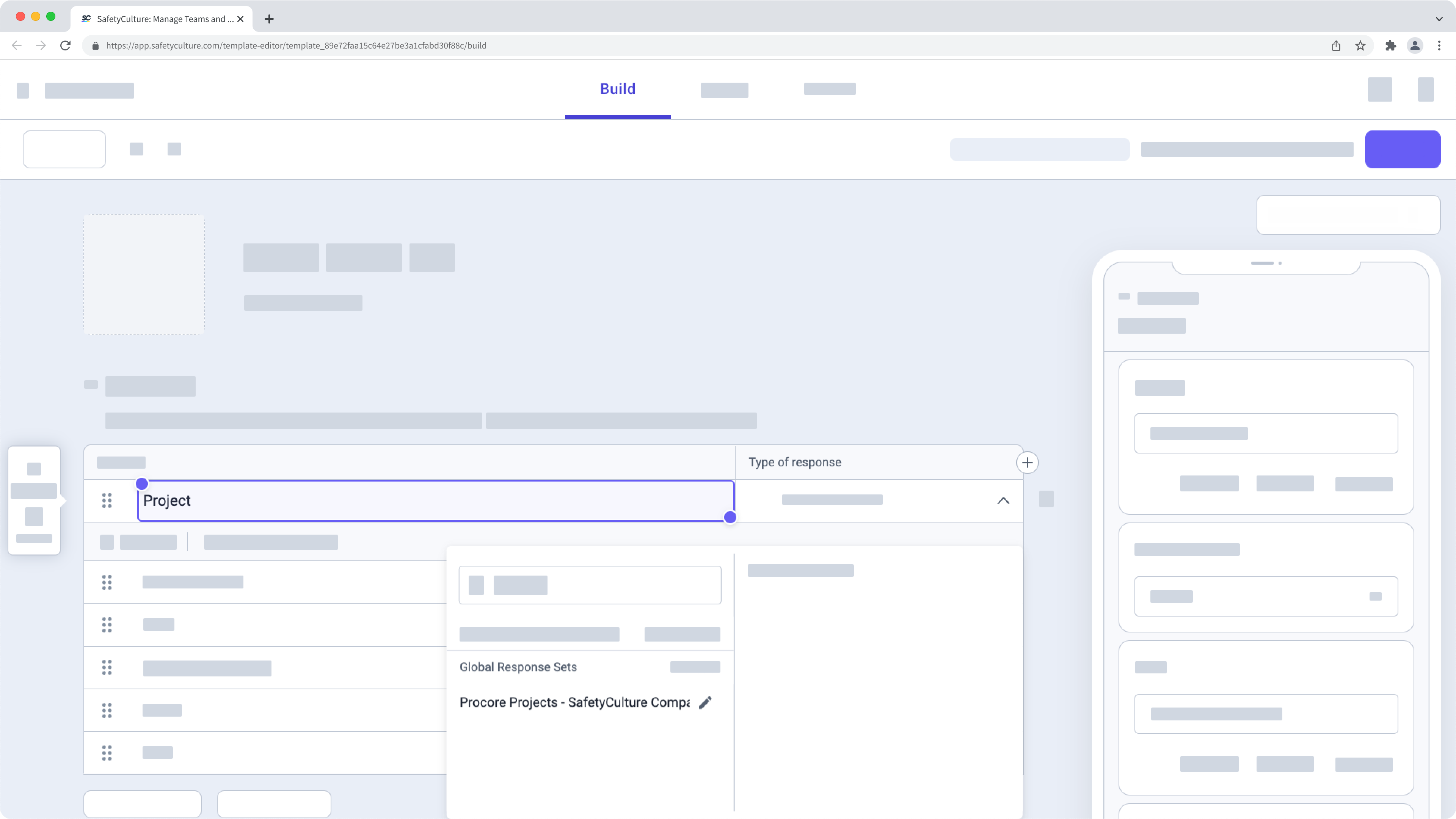 "Procore Projects Global Response Sets" in the Template Editor.