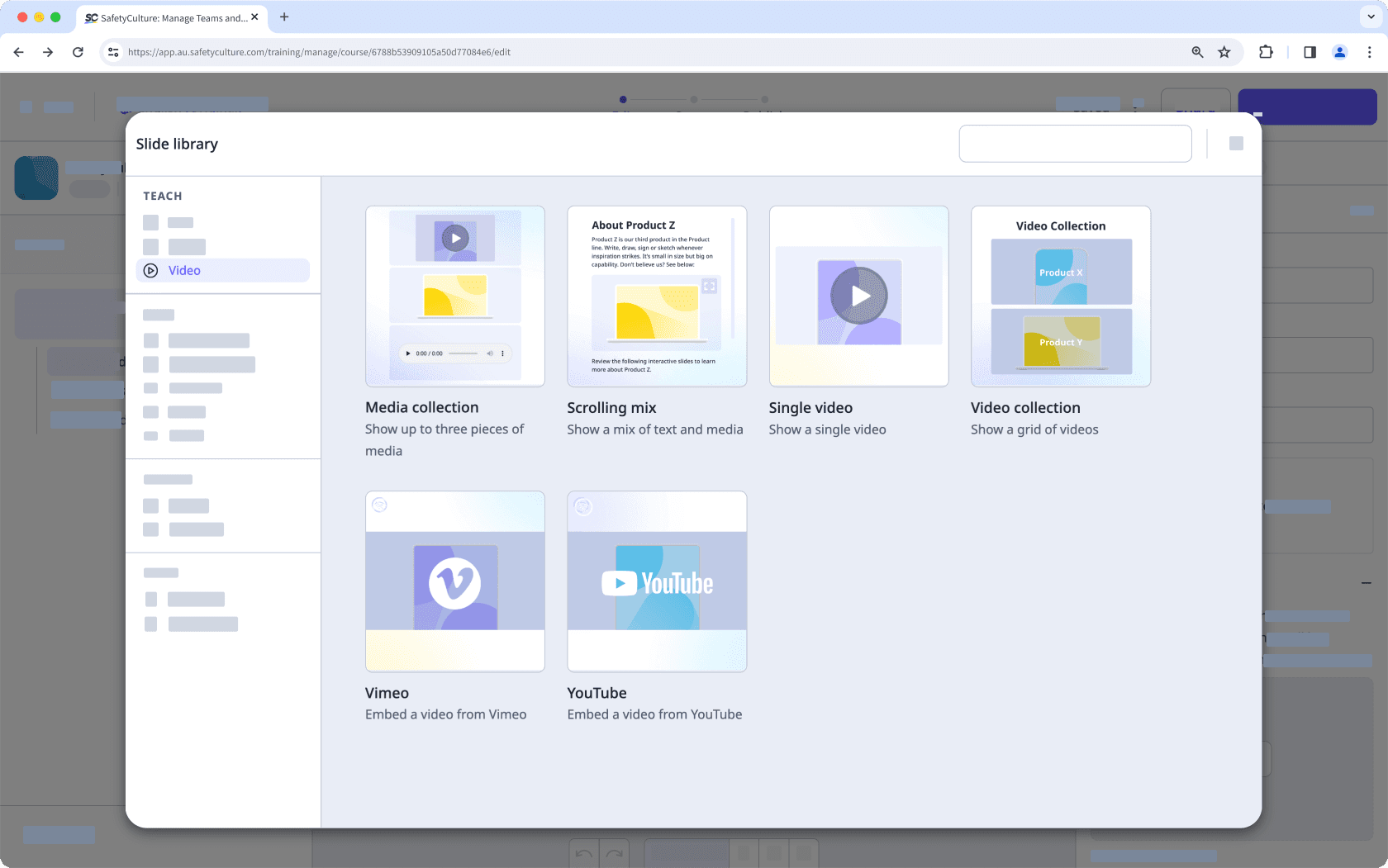 An example of video slide templates for training course lessons via the web app.