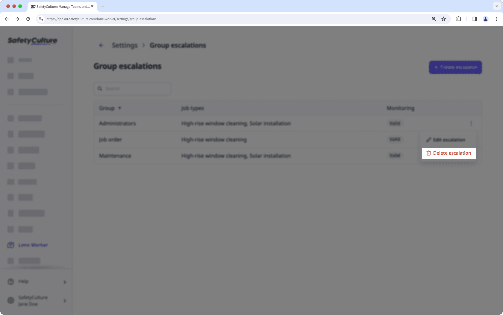 Delete a lone-work alert escalation via the web app.