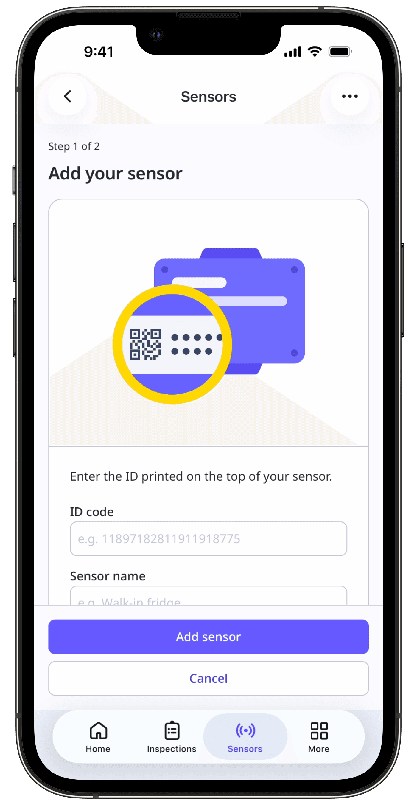The 'Add your sensor' screen displaying input fields for ID code and sensor name.