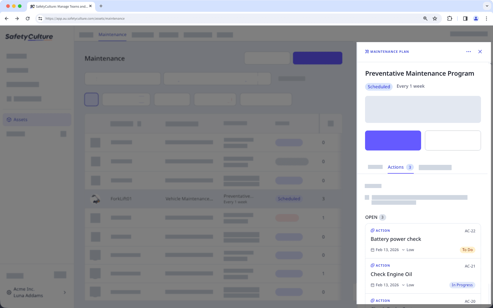 View an action in a maintenance plan via the web app.