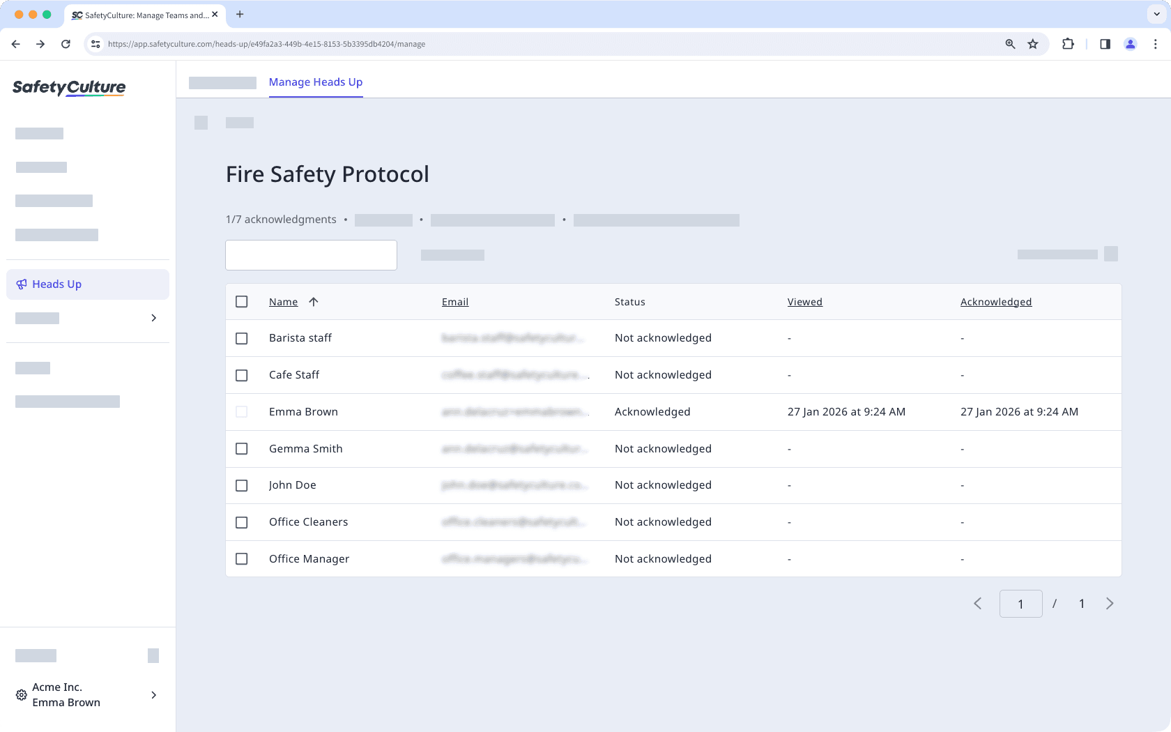 View a Heads Up's acknowledgments via the web app.