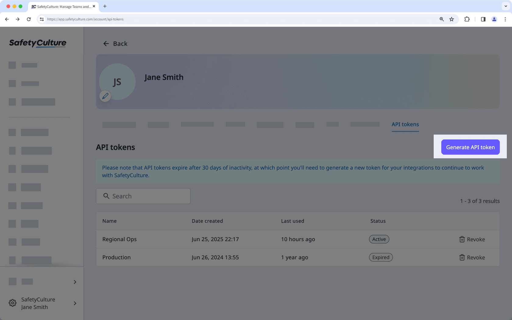 Click Generate API token via the web app.