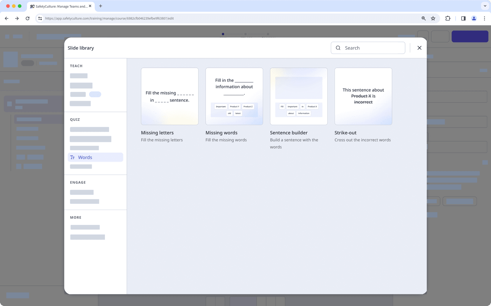 The slide library showing Words slides.