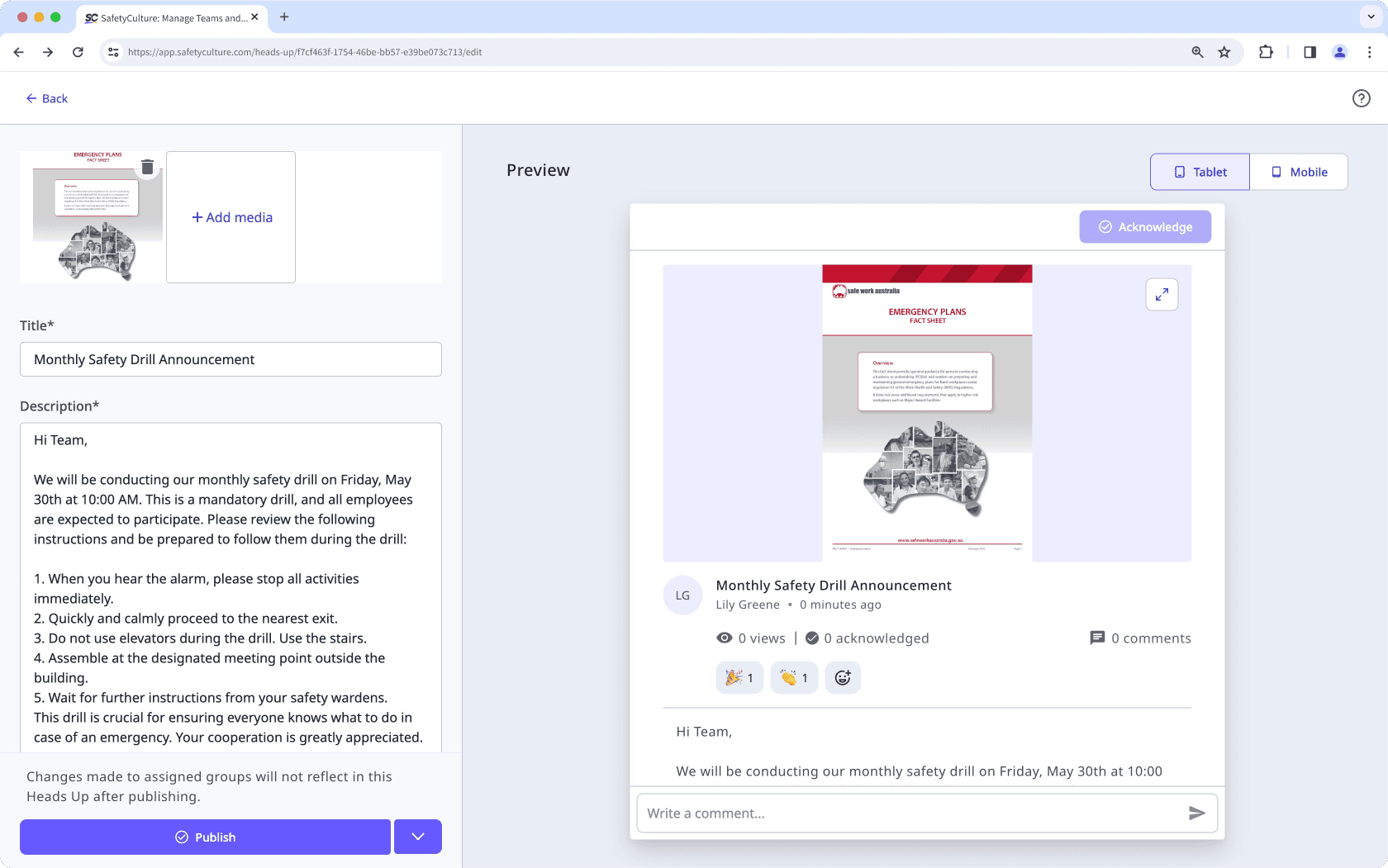 Create a Heads Up via the web app.
