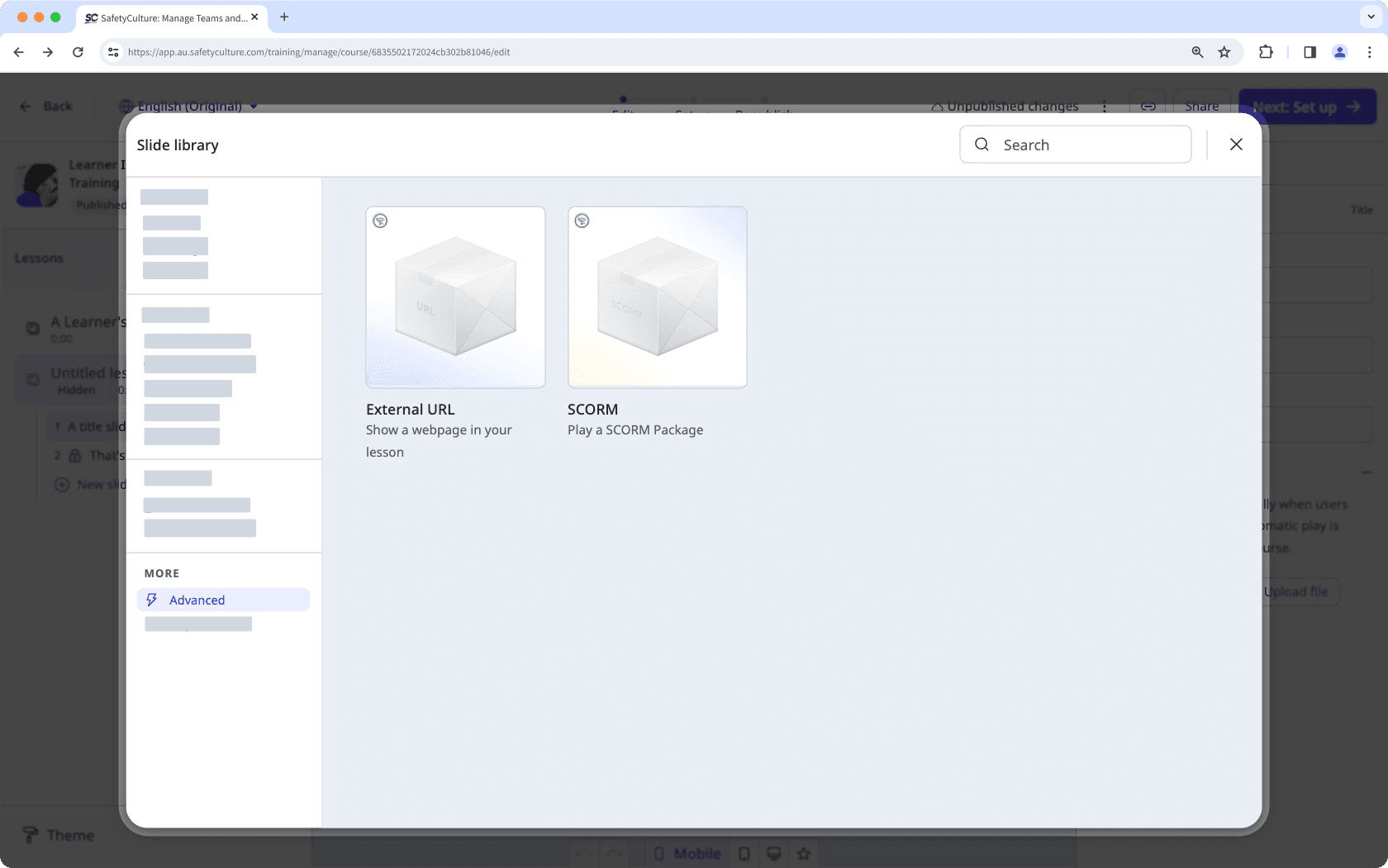 An example of advanced slide templates for training course lessons via the web app.