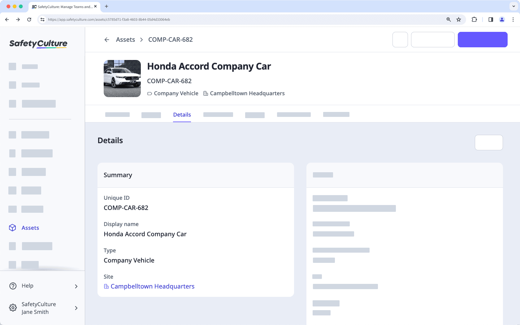 An example of summary fields in an asset profile.