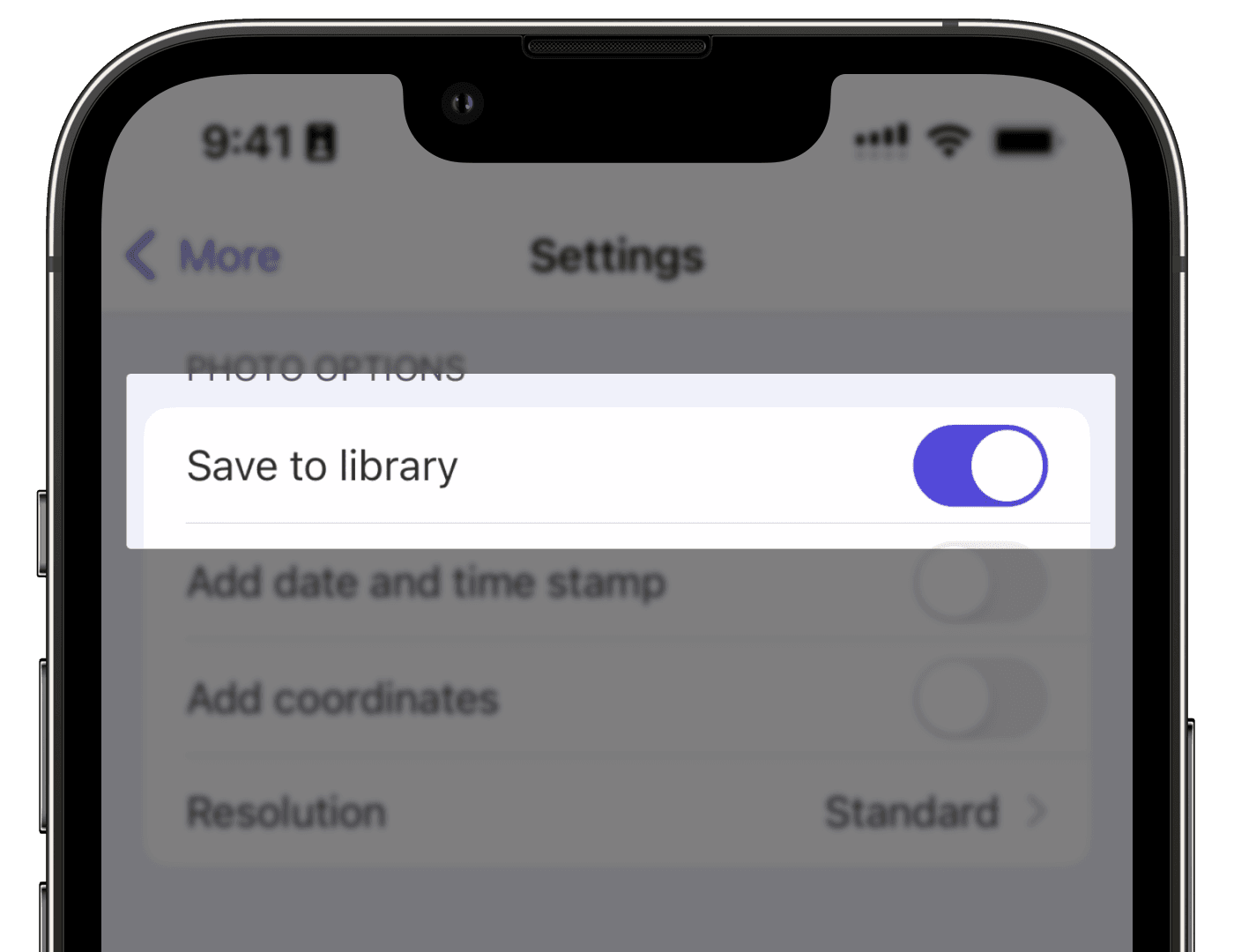 The toggle to manage storing inspection photos on your device on iOS.