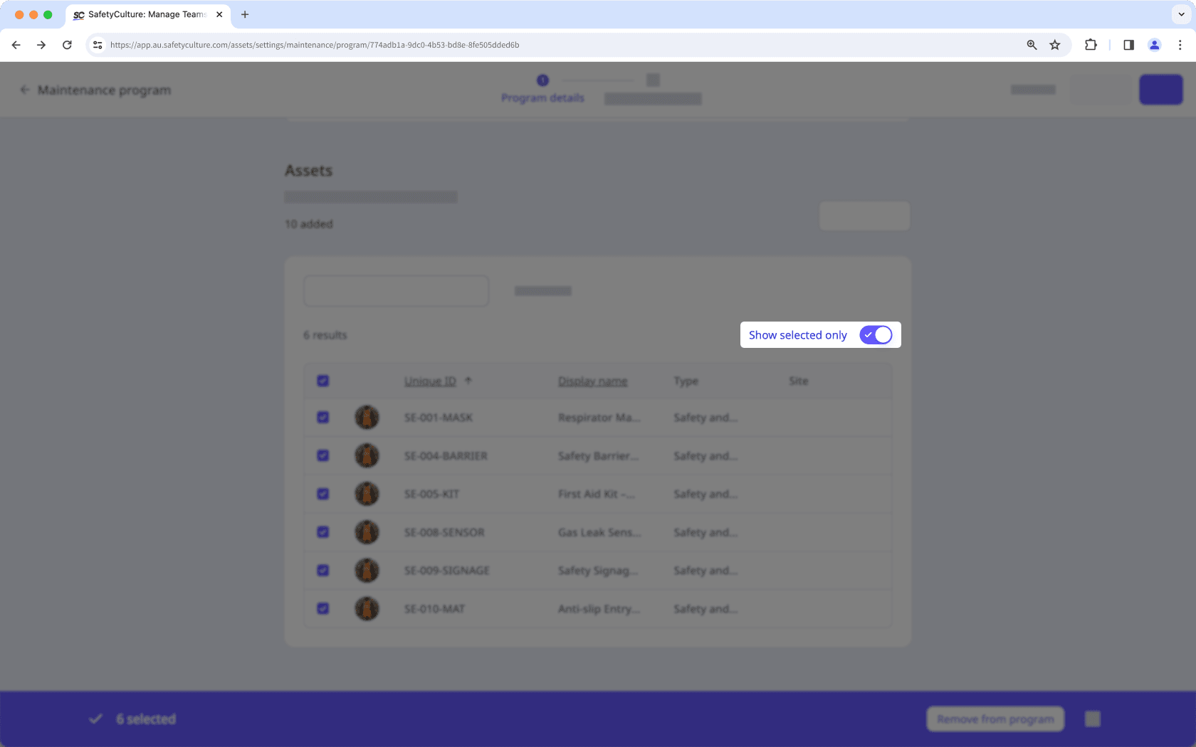 Show only the assets you have selected via the web app.