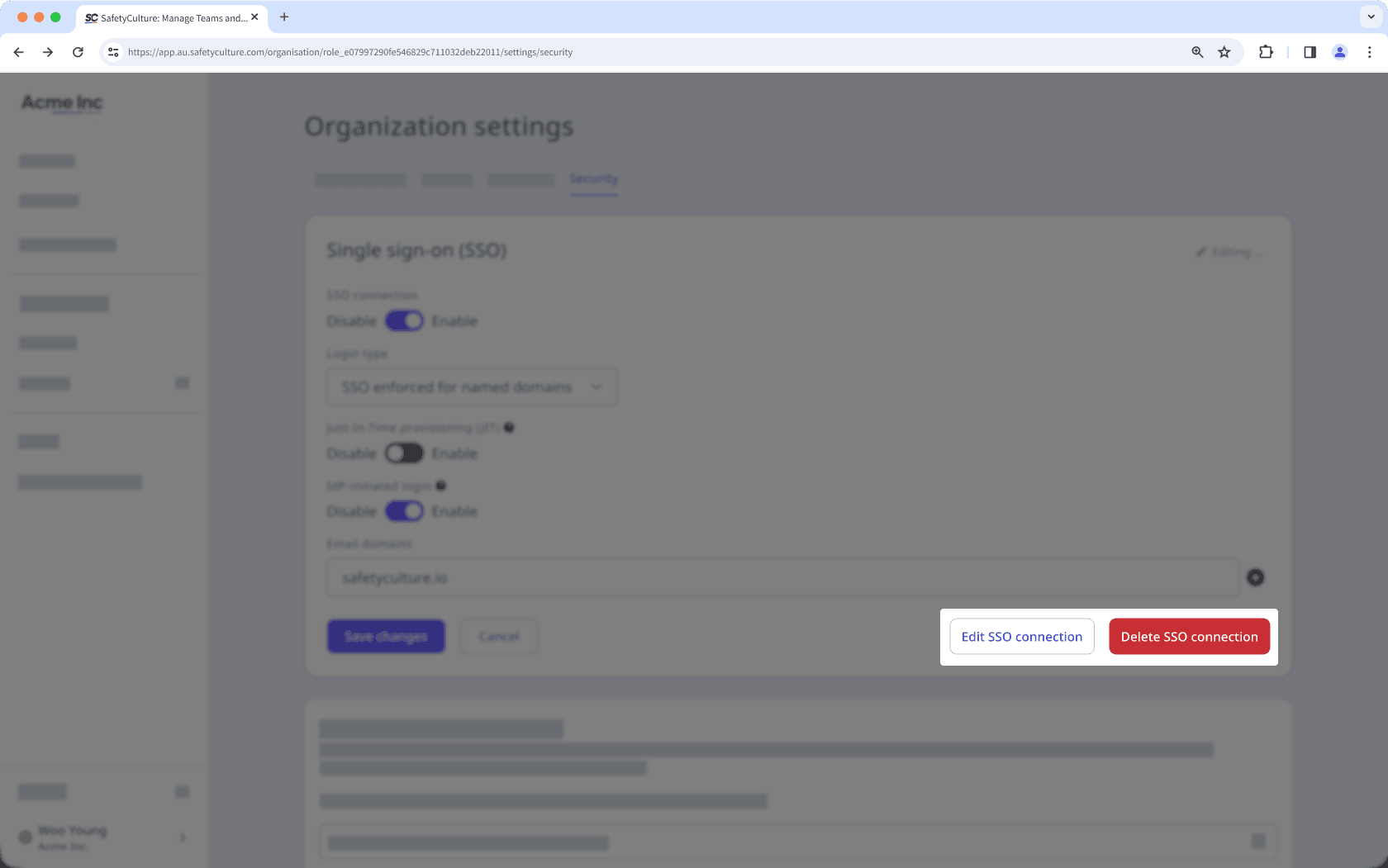Options to edit and delete when editing an active SSO connection in SafetyCulture.