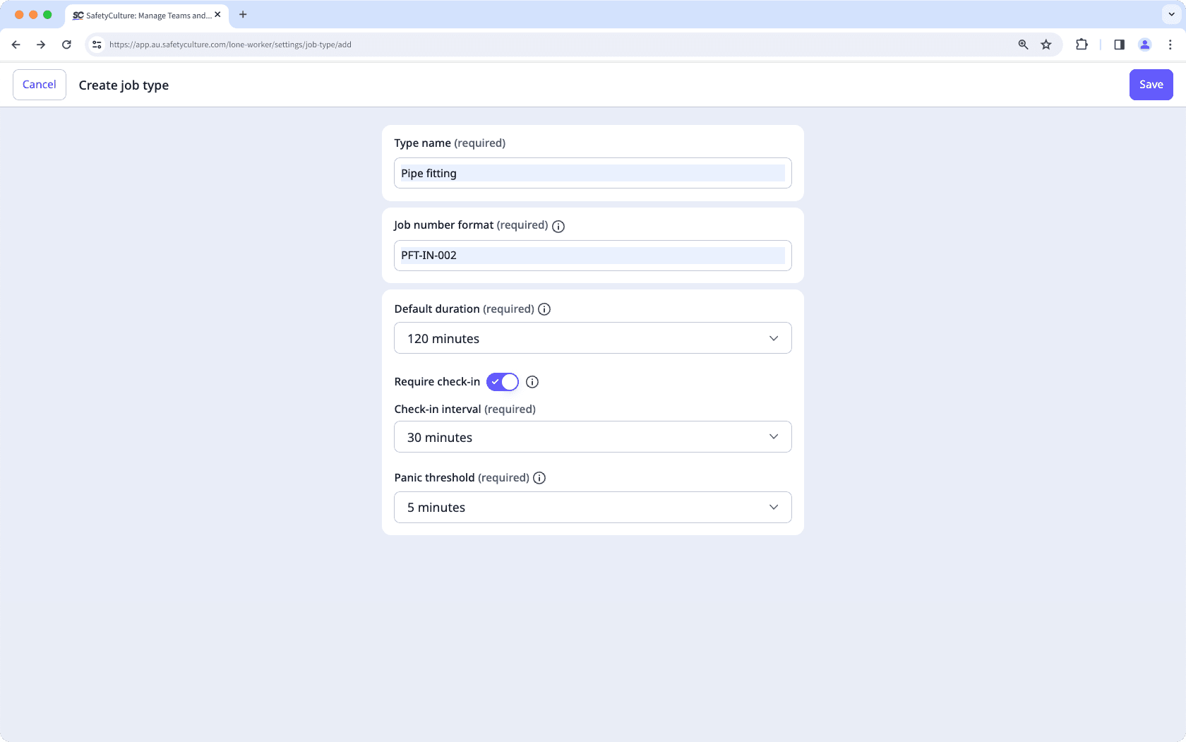 Add a job type in Lone Worker via the web app.