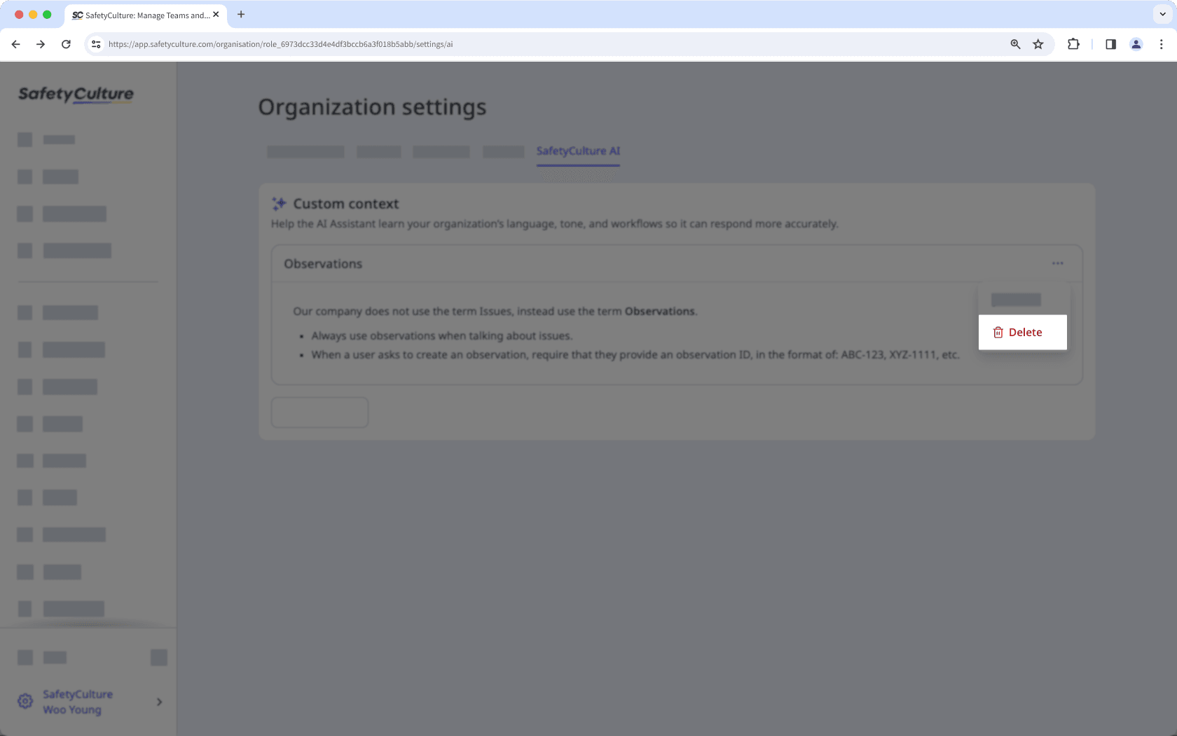 Delete a custom context for the AI Assistant via the web app.