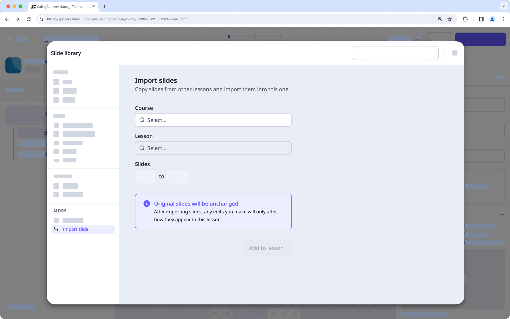 An example of the import slide option for training course lessons via the web app.