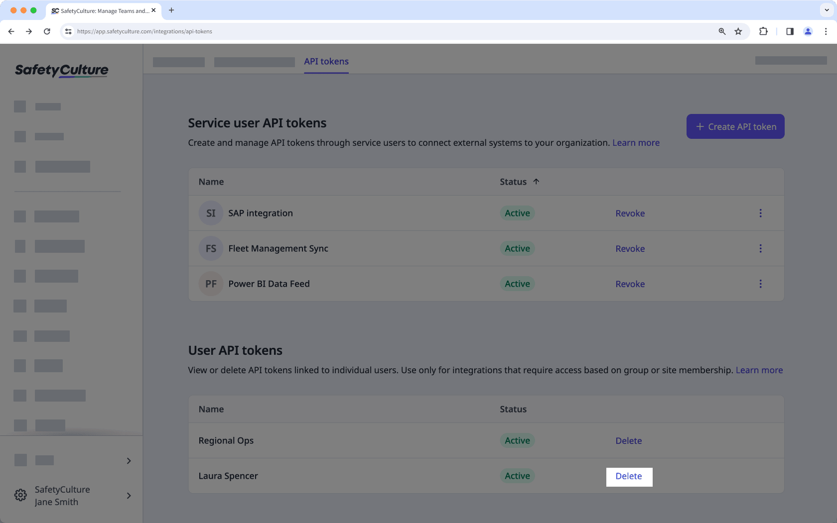 Delete a user API token in your organization via the web app.