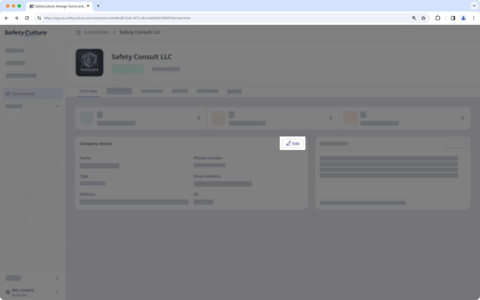 The company profile showing the 'Edit' button to edit company details.