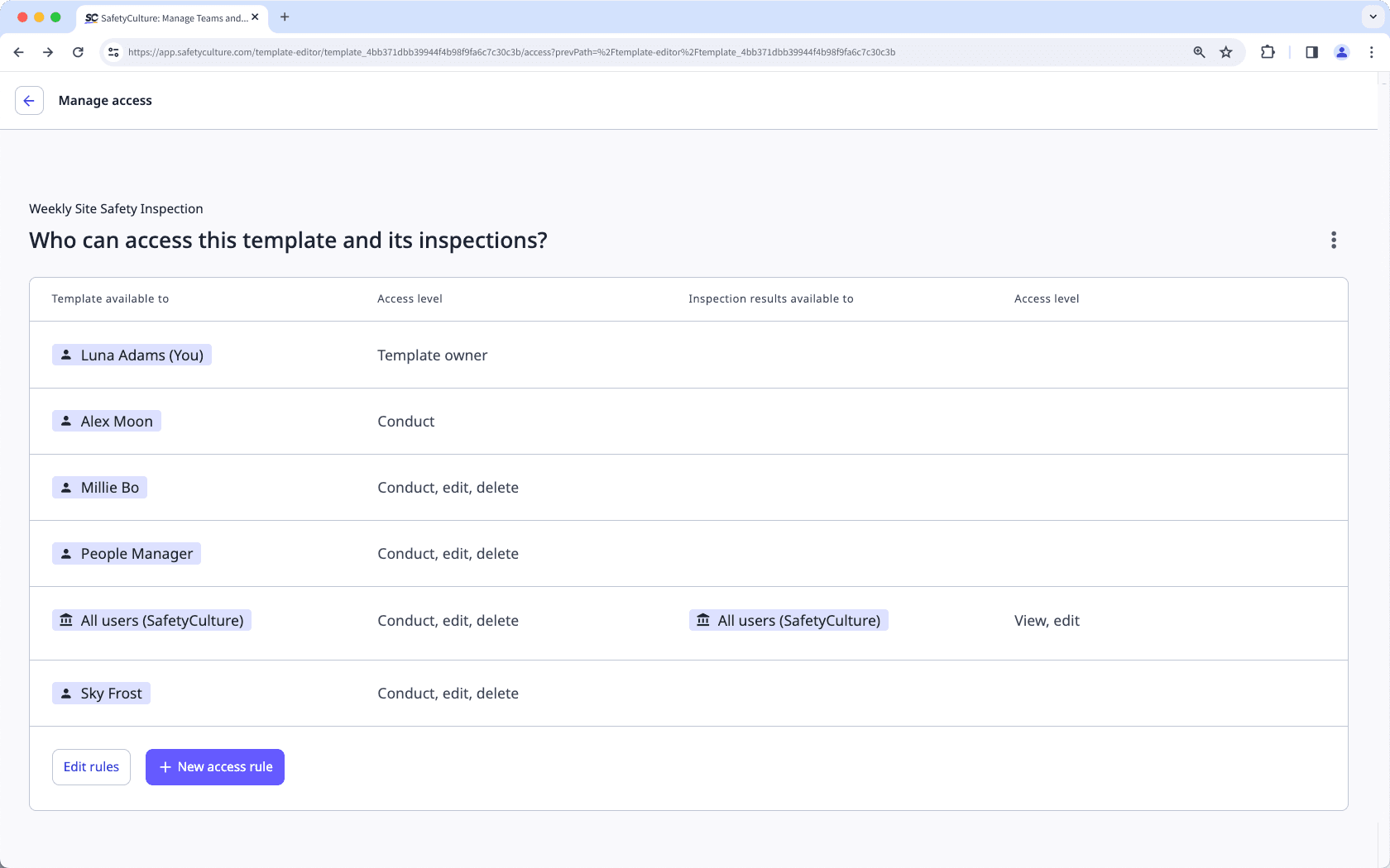 A sample of a template’s access rule with external access set up.