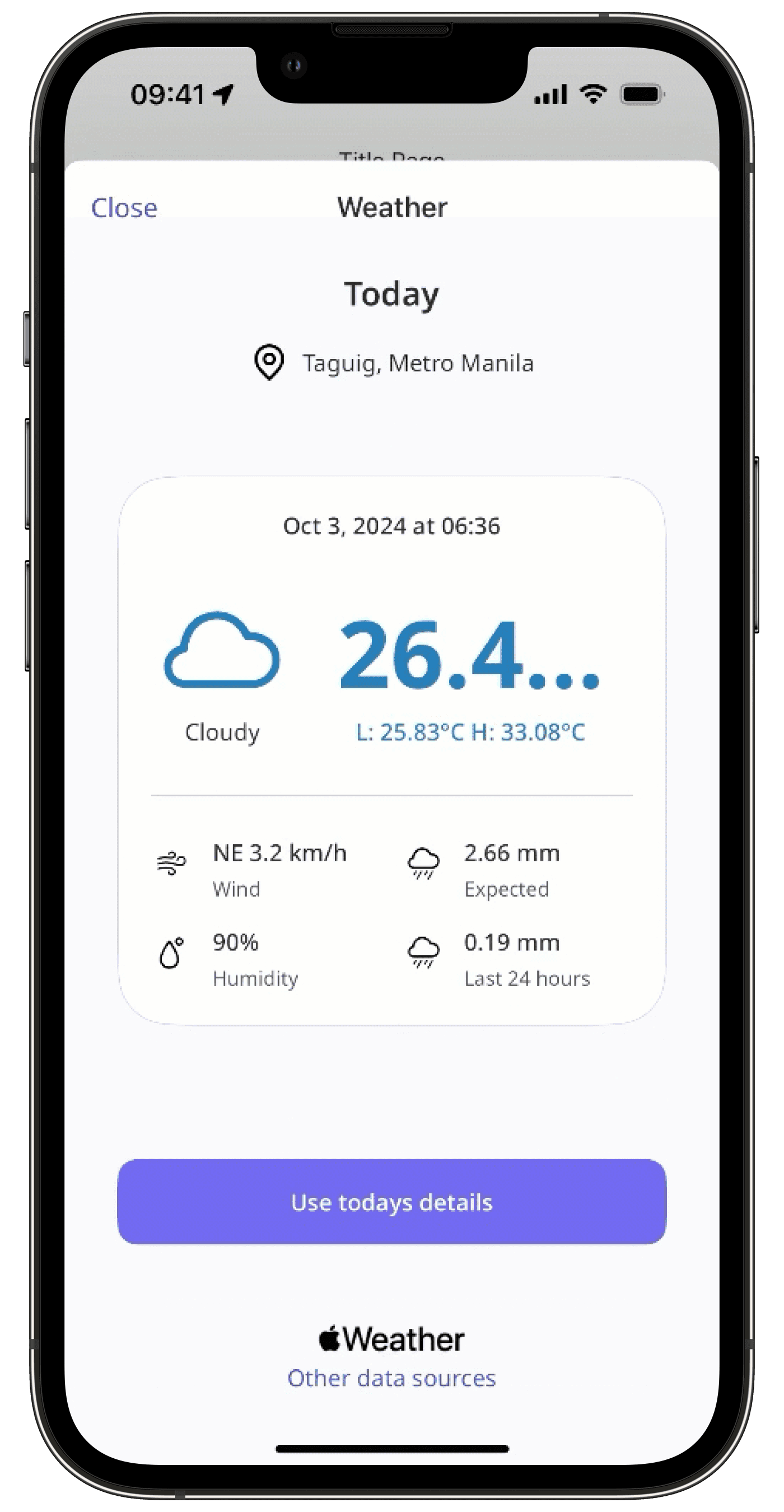 Weather detail in an inspection via the mobile app.