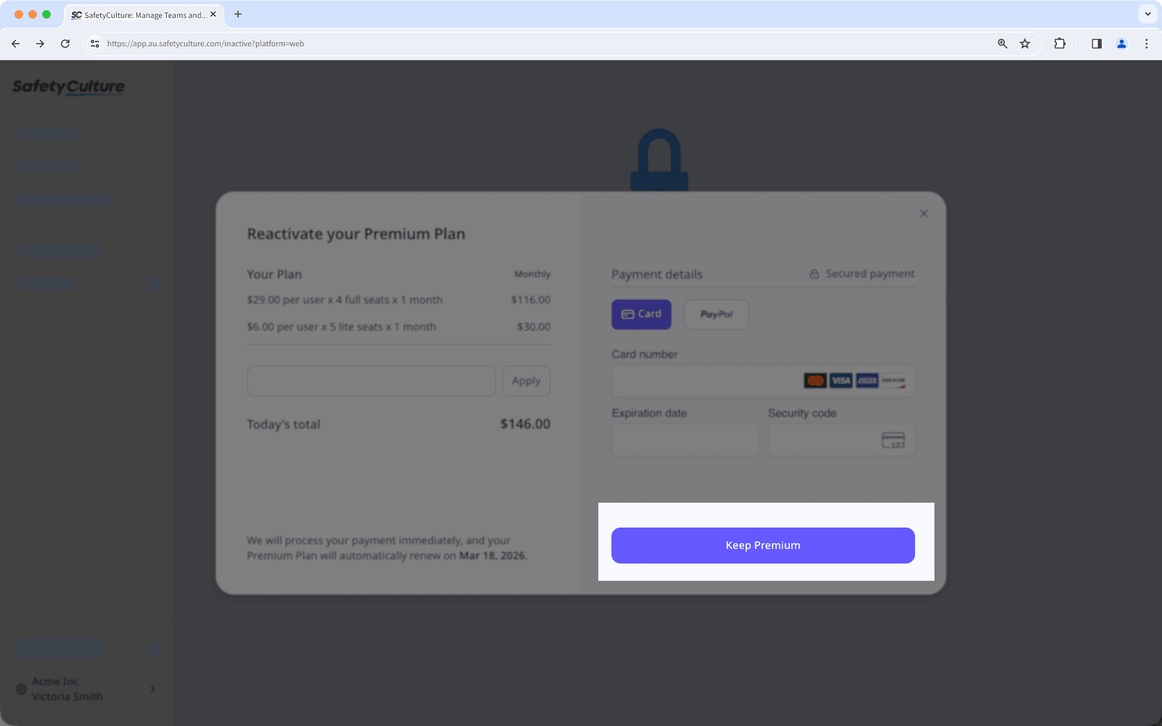The 'Keep Premium' button visible in the pop-up payment window.