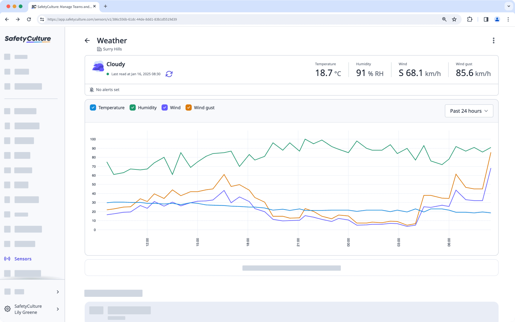 An example of a weather data feed on the web app.