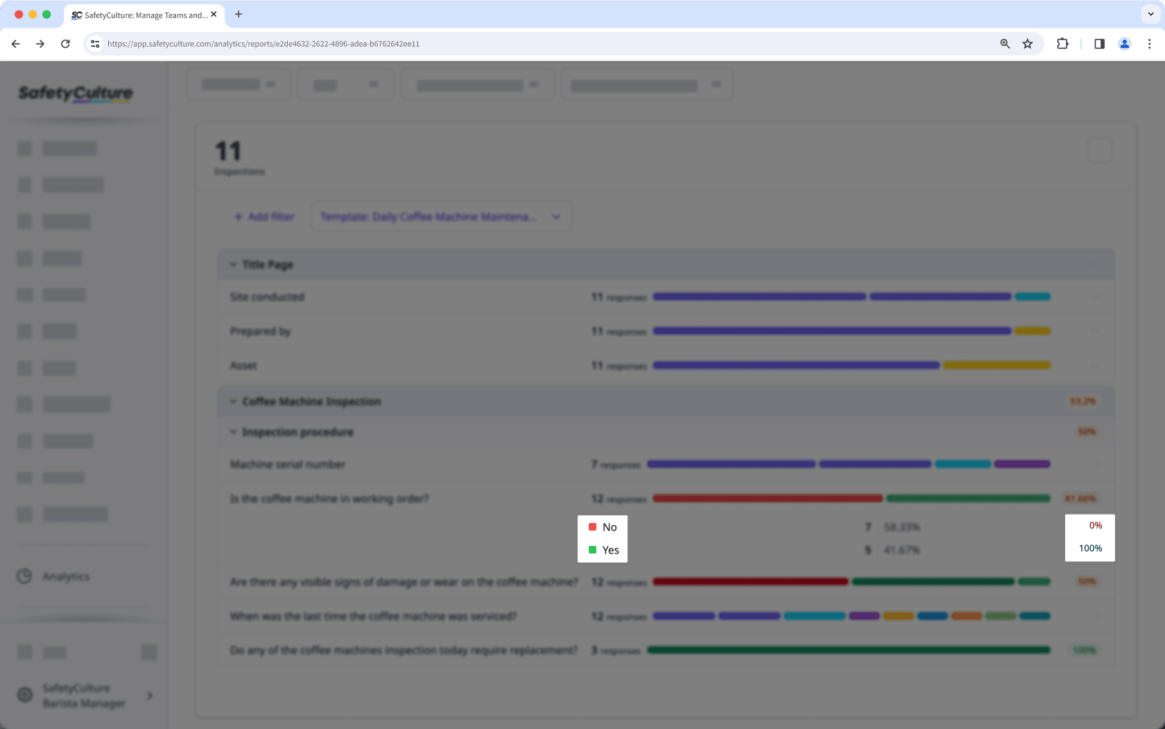 View response scores across inspections with the Response table chart type via the web app.