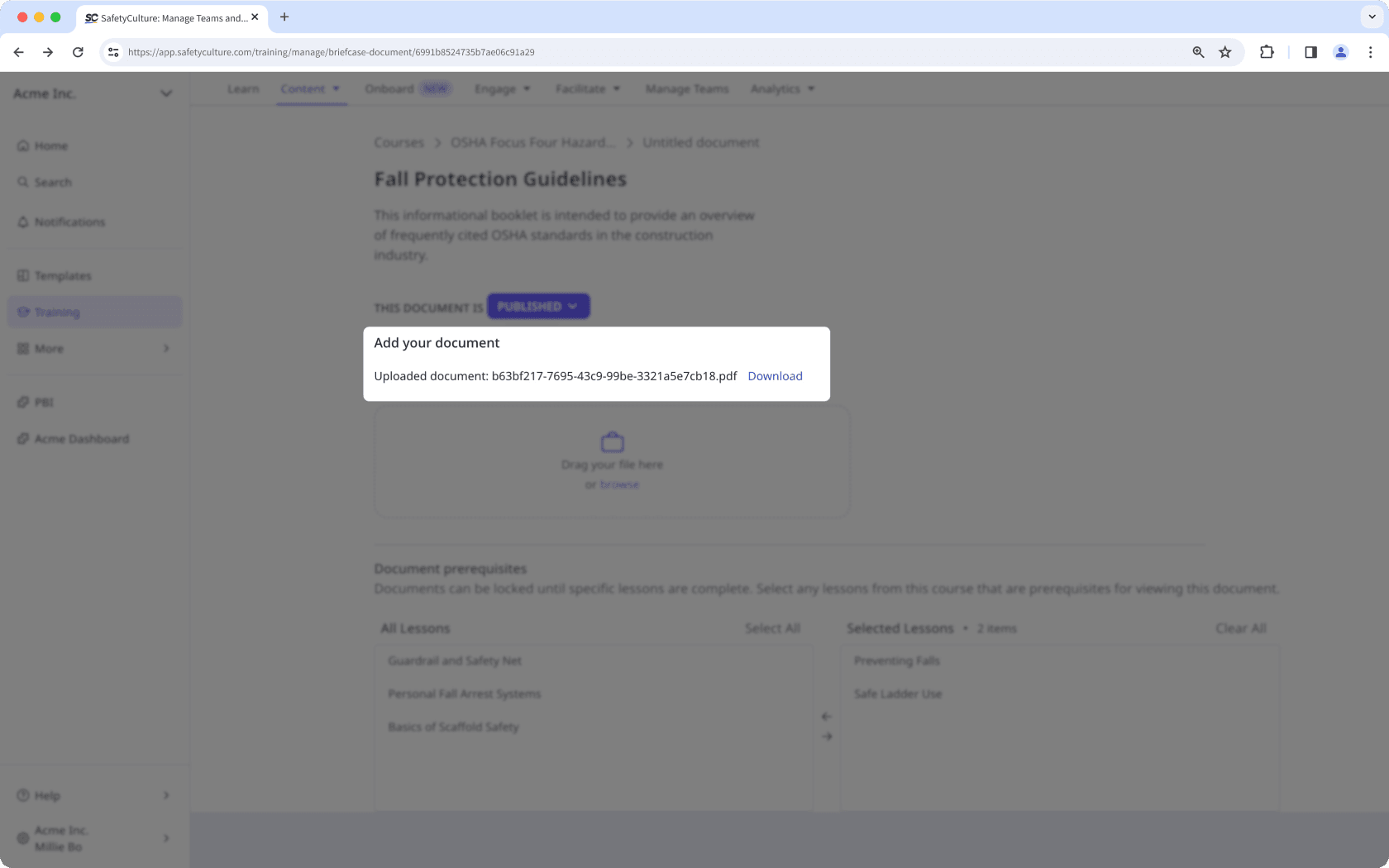 Course briefcase showing the option to download an uploaded document.
