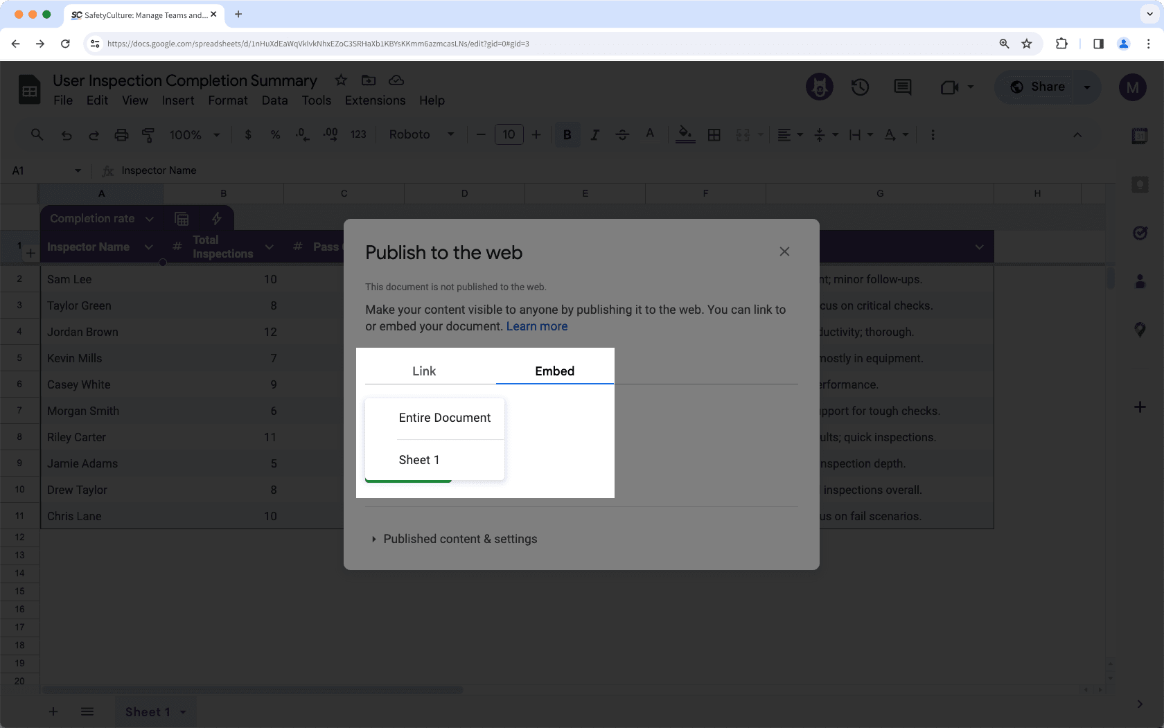 Get the Google Sheets embed link.