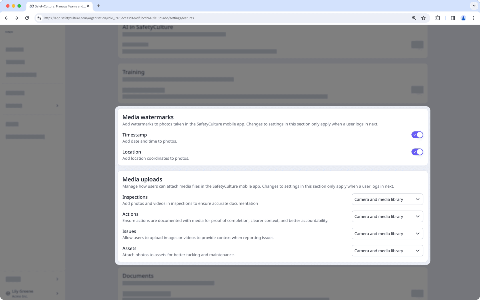 The Features tab in Organization settings showing media watermark and upload settings.