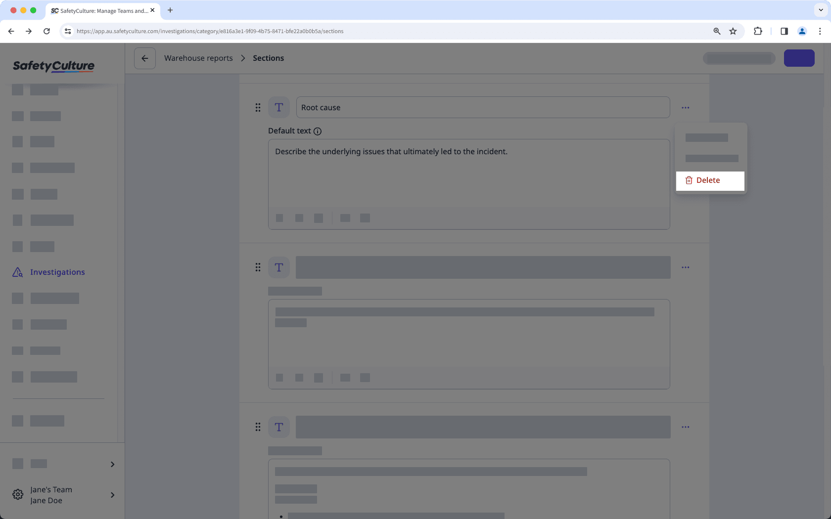 Remove a custom investigation section via the web app.