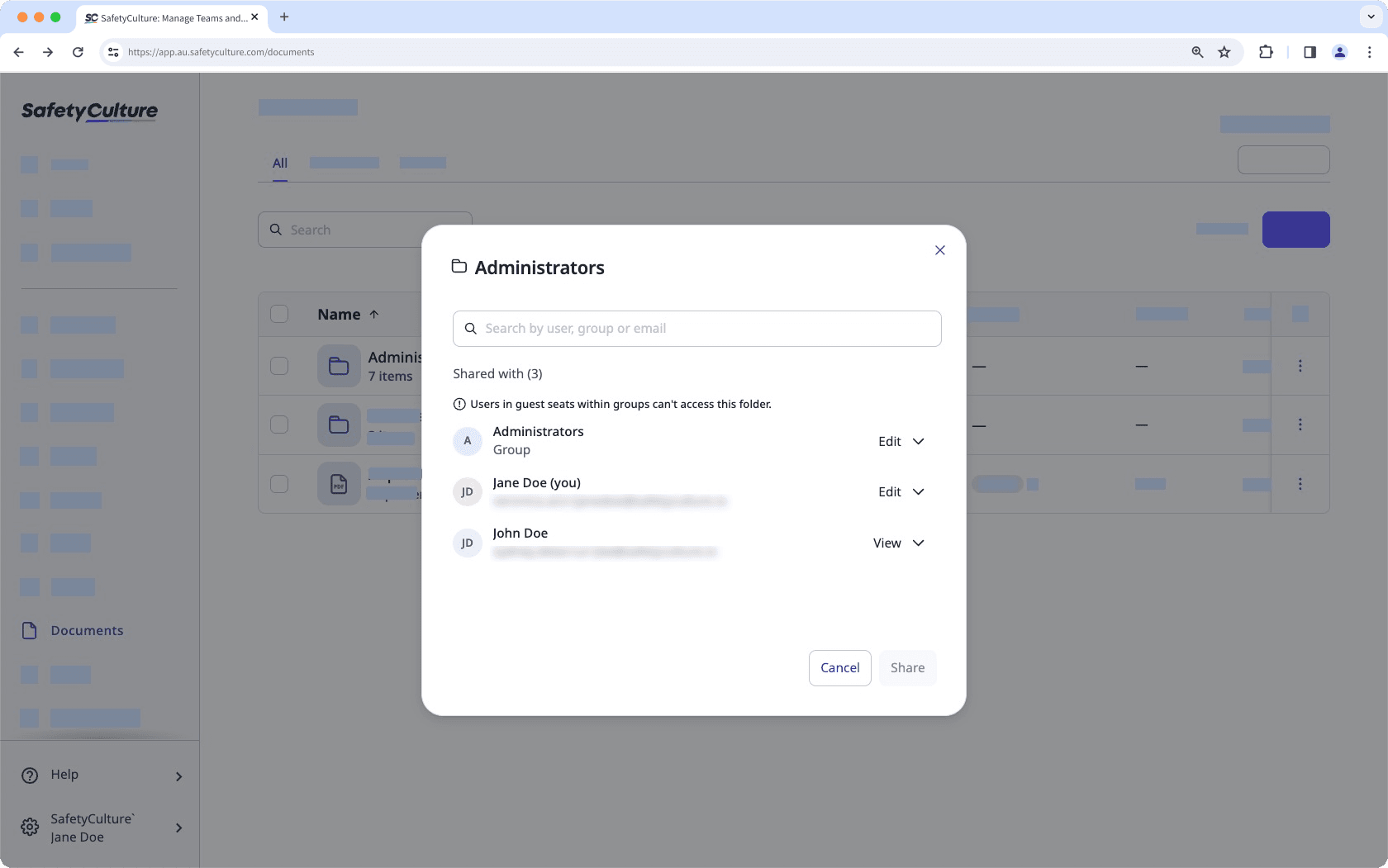 View file and folder access via the web app