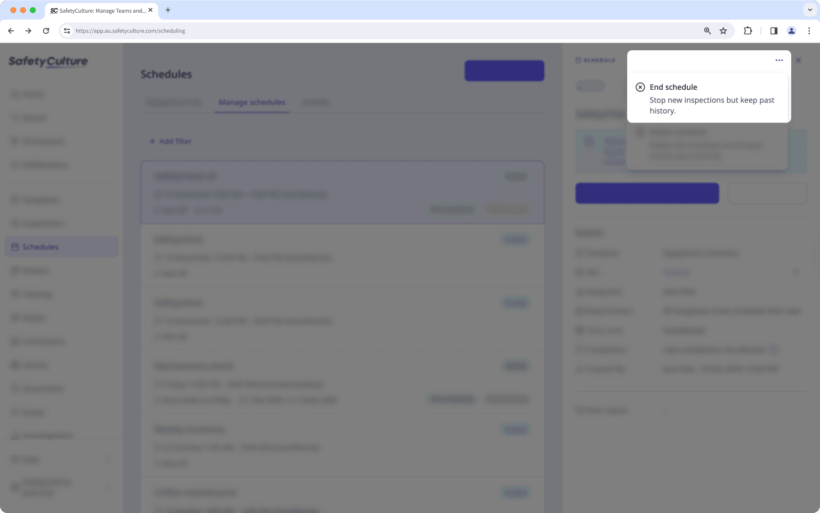 End a schedule via the web app.