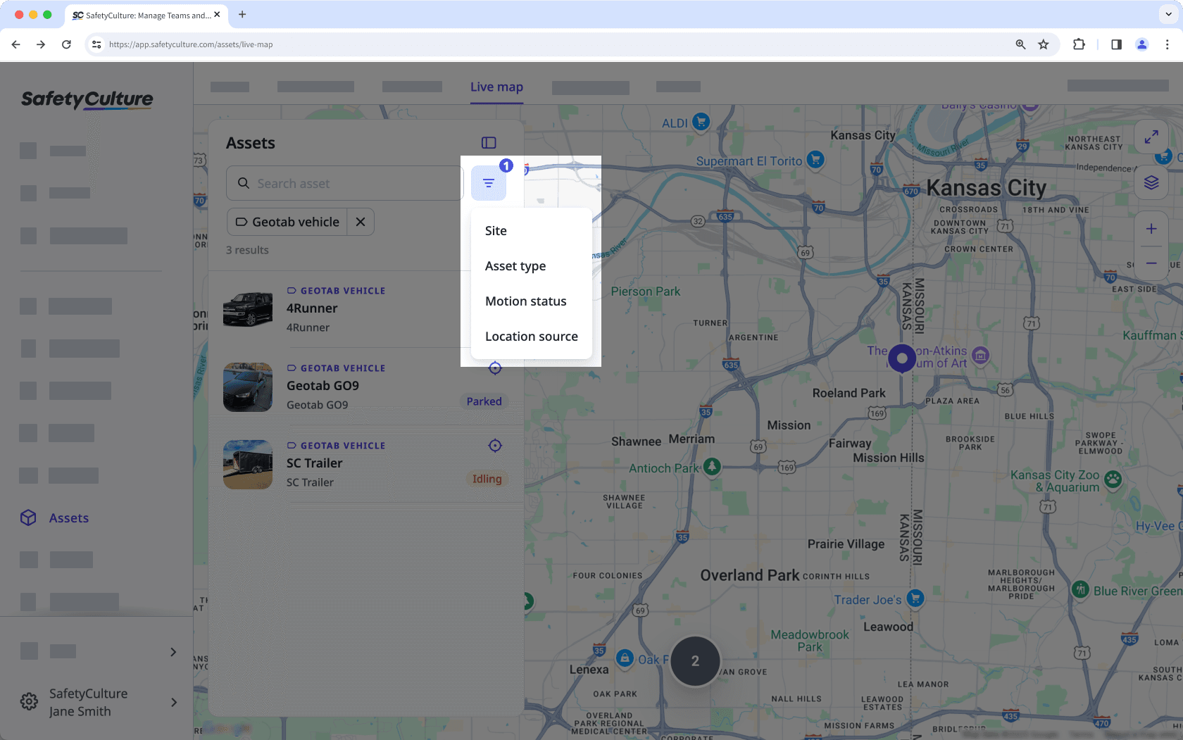 Filter asset results in Live map via web app.