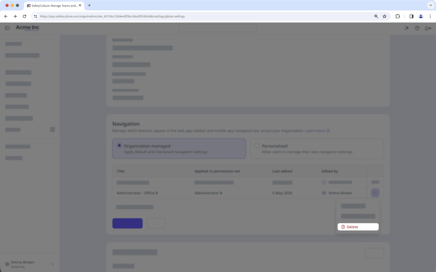 The 'Delete' button for a layout in the navigation settings.