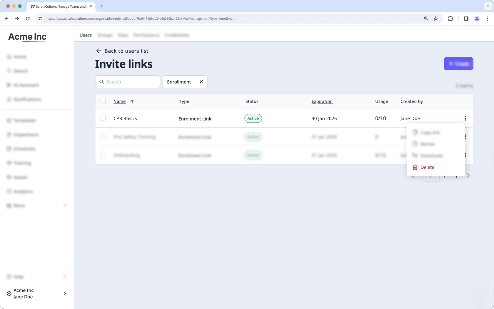 Delete an enrollment link via the web app.