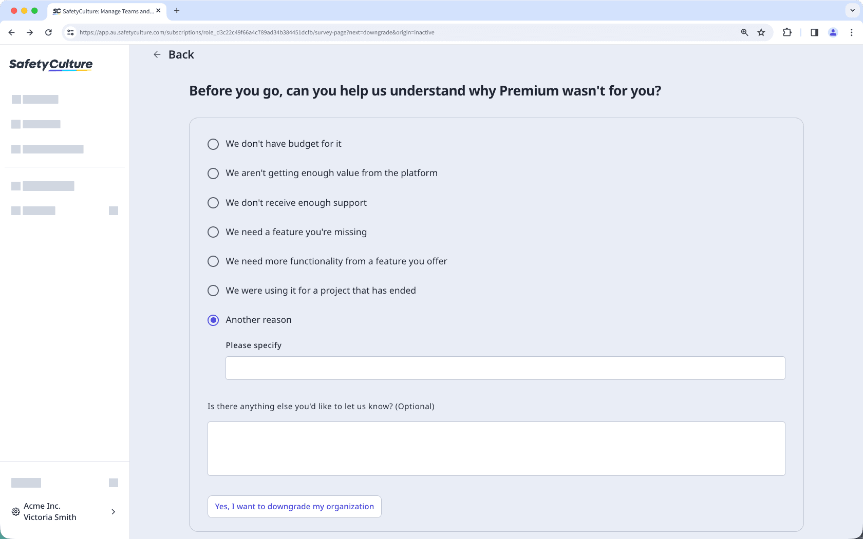 The Downgrade to Free plan confirmation page showing the reasons for downgrading with the 'Yes, I want to downgrade my organization' button visible.