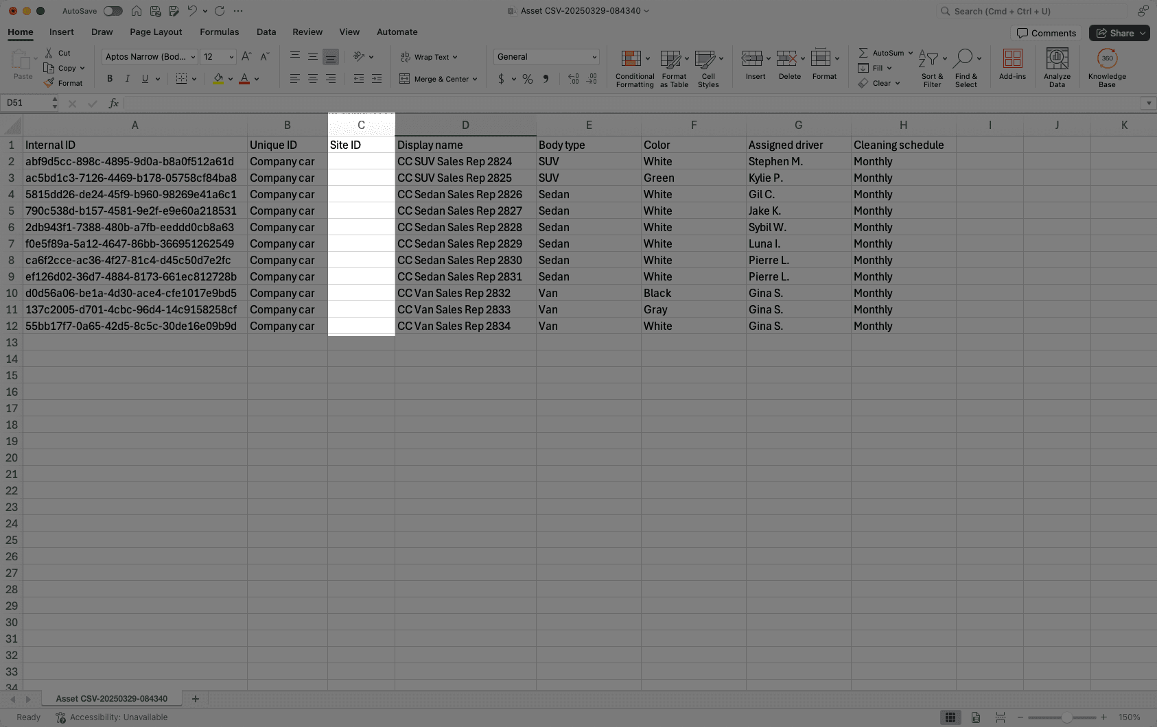 Bulk edit assets to add a site using CSV via the web app.