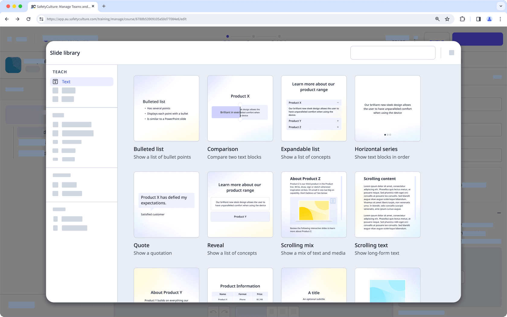 An example of text slide templates for training course lessons via the web app.