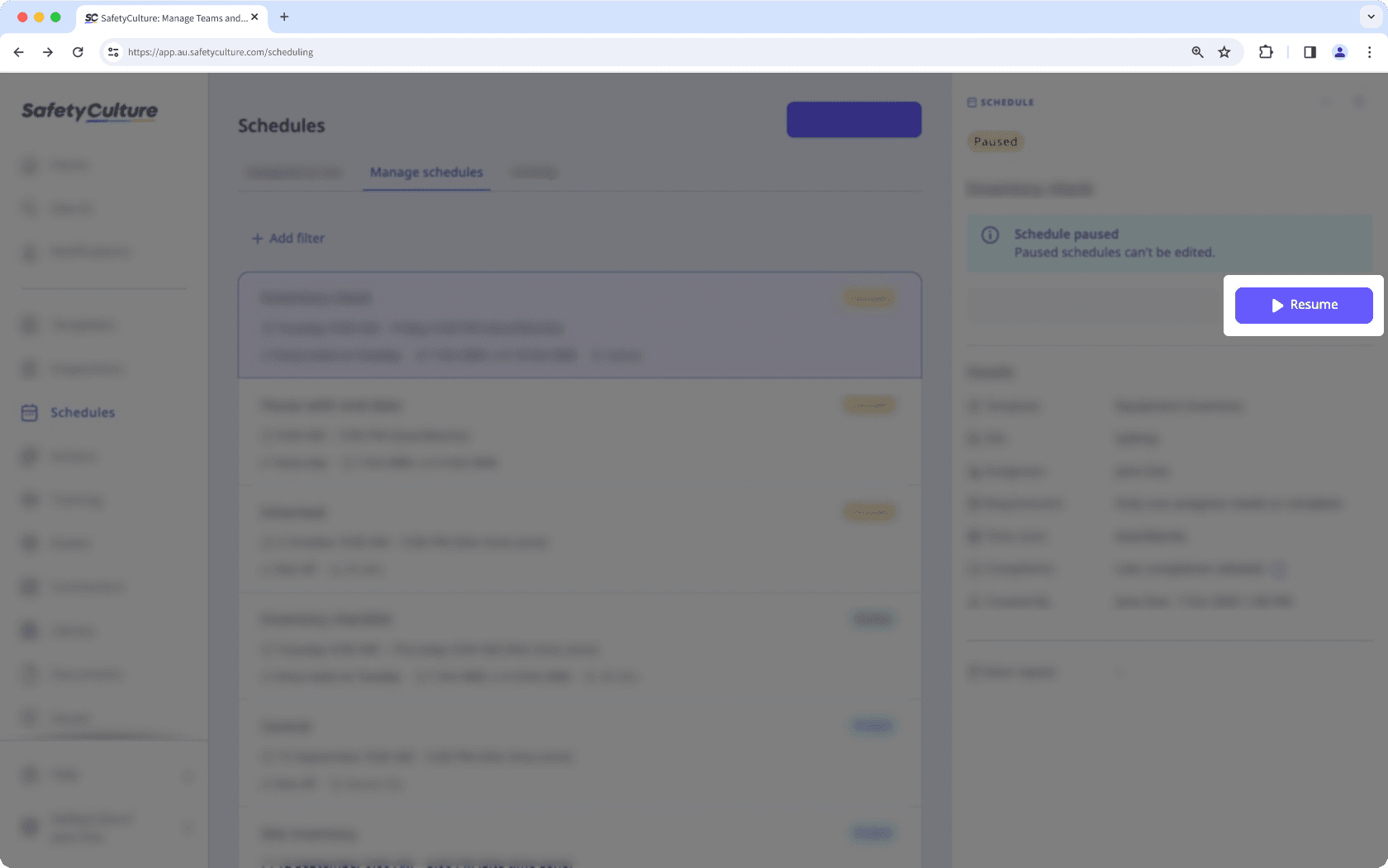 Resume a schedule in the new Schedules experience