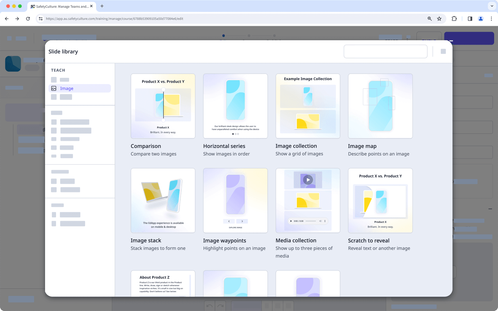 An example of image slide templates for training course lessons via the web app.