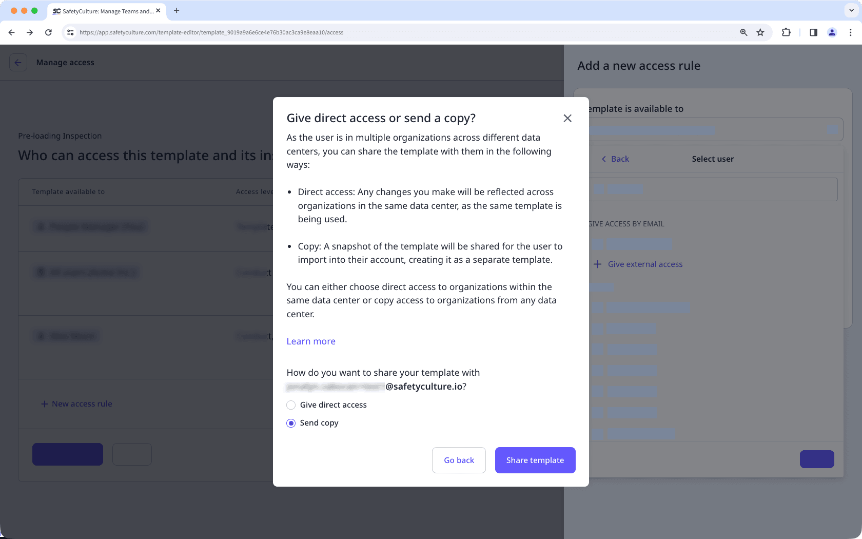 Share a template with a user in another organization via the web app.